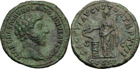 Marcus Aurelius (161-180). AE As, 162-163 AD. D/ IMP CAES M AVREL ANTONINVS AVG PM. Bare-headed bust right, with drapery on far shoulder. R/ SALVTI AV...