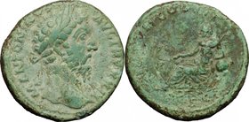 Marcus Aurelius (161-180). AE As, 174-175. D/ M ANTONINVS AVG TR P XXIX. Laureate head right. R/ IMP VII COS III SC. Tiber reclining left, resting rig...