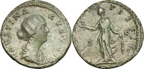 Faustina II, wife of Marcus Aurelius (died 176 AD). AE Sestertius, struck under Antoninus Pius. D/ FAVSTINA AVGVSTA. Draped bust right, hair waved and...