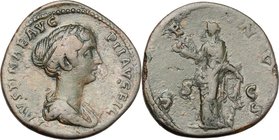 Faustina II, wife of Marcus Aurelius (died 176 AD). AE Sestertius, struck under Antoninus Pius, c. 147-150 AD. D/ FAVSTINAE AVG PII AVG FIL. Draped bu...