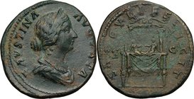 Faustina II (died 176 AD). AE Sestertius, Rome mint, c. 161-164 AD. D/ FAVSTINA AVGVSTA. Draped bust right. R/ SAECVLI FELICIT SC. Commodus and Antoni...