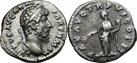 Lucius Verus (161-169). AR Denarius, 165-166 AD. D/ L VERVS AVG ARM PARTH MAX. Laureate head right. R/ PAX AVG TR P VI COS II. Pax standing left, hold...