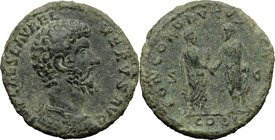 Lucius Verus (161-169). AE As, 161 AD. D/ IMP CAES L AVREL VERVS AVG. Bare-headed, draped and cuirassed bust right. R/ CONCORD AVGVS[TOR TR P] COS II ...