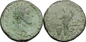 Commodus (177-192). AE Sestertius, 181-182 AD. D/ [M] COMMODVS ANTONINVS AVG. Laureate head right. R/ TR P VII [IMP III]I COS III PP SC. Annona standi...