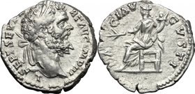 Septimius Severus (193-211). AR Denarius,. D/ L SEPT SEV PERT AVG IMP III. Laureate head right. R/ PACI AVGVSTI. Pax seated left, holding branch and c...
