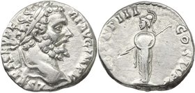 Septimius Severus (193-211). AR Denarius, 195 AD. D/ L SEPT SEV PERT AVG IMP V. Laureate head right. R/ PM TR P III COS II PP. Minerva standing left, ...
