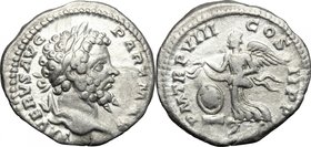 Septimius Severus (193-211). AR Denarius, 200 AD. D/ SEVERVS AVG PART MAX. Laureate head right. R/ PM TR P VIII COS II PP. Victory flying left, holdin...