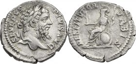 Septimius Severus (193-211). AR Denarius, 201-210 AD. D/ SEVERVS PIVS AVG. Laureate bust right. R/ RESTITVTOR VRBIS. Roma, seated left on shield, hold...