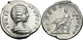 Julia Domna, wife of Septimius Severus (died 217 AD). AR Denarius. Struck c. 200-211 AD. D/ IVLIA AVGVSTA. Draped bust right. R/ CERERI FRVGIF. Ceres ...