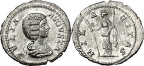 Julia Domna, wife of Septimius Severus (died 217 AD). AR Denarius, Rome mint. D/ IVLIA AVGVSTA. Draped bust right. R/ HILARITAS. Hilaritas standing le...
