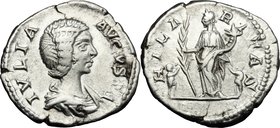 Julia Domna, wife of Septimius Severus (died 217 AD). AR Denarius, 196-211 AD. D/ IVLIA AVGVSTA. Draped bust right. R/ HILARITAS. Hilaritas standing f...