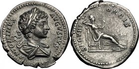 Caracalla (198-217). AR Denarius, 199-200 AD. D/ ANTONINVS AVGVSTVS. Laureate and draped bust right. R/ SECVRIT ORBIS. Securitas seated right by altar...
