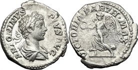 Caracalla (198-217). AR Denarius, 201-206. D/ ANTONINVS PIVS AVG. Laureate, draped and cuirassed bust right. R/ VICTORIA PARTH MAX. Victory advancing ...