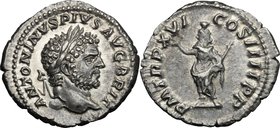 Caracalla (198-217). AR Denarius, 213 AD. D/ ANTONINVS PIVS AVG BRIT. Laureate head right. R/ PM TR P XVI COS IIII PP. Serapis standing left, raising ...