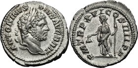 Caracalla (198-217). AR Denarius, 213 AD. D/ ANTONINVS PIVS AVG BRIT. Laureate head right. R/ PM TR P P XVI COS IIII PP. Libertas standing left, holdi...