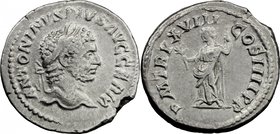 Caracalla (198-217). AR Denarius. D/ ANTONINVS PIVS AVG GERM. Laureate head right. R/ P M TR P XVIII COS IIII P P. Apollo standing left, holding branc...