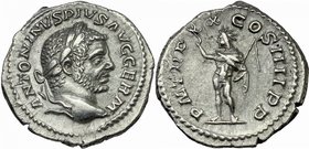Caracalla (198-217). AR Denarius, 217 AD. D/ �ANTONINVS PIVS AVG GERM. Laureate head right. R/ P M TR P XX COS IIII P P. Sol radiate, standing left, r...