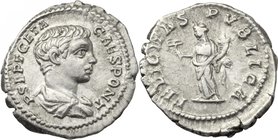 Geta as Caesar (198-209). AR Denarius, 200-202 AD. D/ P SEPT GETA CAES PONT. Draped and cuirassed bust right, head bare. R/ FELICITAS PVBLICA. Felicit...