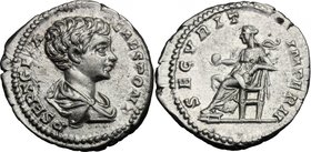 Geta as Caesar (198-209). AR Denarius, 200-202 AD. D/ P SEPT GETA CAES PONT. Bare-headed and draped bust right. R/ SECVRIT IMPERII. Securitas seated l...