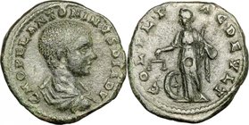 Diadumenian (218 AD). AE 24 mm. Deultum mint, Thrace. D/ C M OPEL ANTONINVS DIADV. Bare-headed and draped bust right. R/ COL FL PA C DEVLT. Nemesis-Ae...