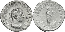 Elagabalus (218-222). AR Denarius. D/ IMP ANTONINVS PIVS AVG. Laureate, horned and draped bust right. R/ SACERD DEI SOLIS ELAGAB. Elagabalus standing ...