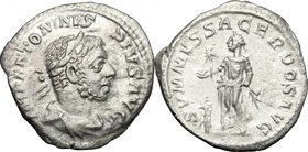 Elagabalus (218-222). AR Denarius. D/ IMP ANTONINVS PIVS AVG. Laureate, horned, draped and cuirassed bust right. R/ SVMMVS SACERDOS AVG. Elagabalus st...