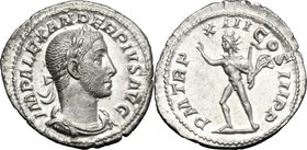 Severus Alexander (222-235 AD). AR Denarius, 234 AD. D/ IMP ALEXANDER PIVS AVG. Laureate, draped and cuirassed bust right. R/ PM TR P XIII COS III P P...
