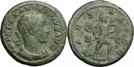 Severus Alexander (222-235). AE As. D/ IMP ALEXANDER PIVS AVG. Laureate, draped and cuirassed bust right. R/ MARS VLTOR SC. Mars advancing right, carr...