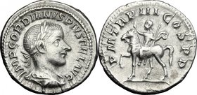 Gordian III (238-244 AD). AR Denarius, Rome mint, 240 AD. D/ IMP GORDIANVS PIVS FEL AVG. Laureate, draped and cuirassed bust right. R/ PM TRP III COS ...