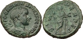 Gordian III (238-244). AE As. D/ IMP GORDIANVS PIVS FEL AVG. Draped and cuirassed bust right. R/ SECVRIT PERPET SC. Securitas standing left, legs cros...