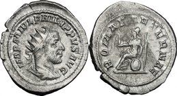Philip I (244-249). AR Antoninianus, struck 247 AD. D/ IMP M IVL PHILIPPVS AVG. Radiate, draped and cuirassed bust right. R/ ROMAE AETERNAE. Roma seat...
