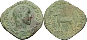 Philip II (246-249). AE Sestertius. D/ IMP M IVL PHILIPPVS AVG. Laureate, draped and cuirassed bust right. R/ SAECVLARES AVGG SC. Goat walking left. R...