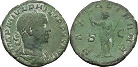 Philip II (246-249). AE Sestertius. D/ IMP M IVL PHILIPPVS AVG. Laureate, draped and cuirassed bust right. R/ PAX AETERNA SC. Pax standing left, holdi...