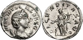Etruscilla, wife of Trajan Decius (249-251). AR Antoninianus, Rome mint. D/ HER ETRVSCILLA AVG. Diademed and draped bust right, on crescent. R/ FECVND...