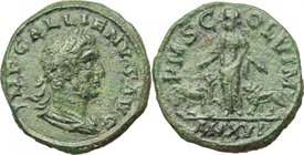 Gallienus (253-268). AE 27 mm., A. XVI, Viminacium mint, Moesia Superior. D/ IMP GALLIENVS AVG. Laureate head right. R/ PM S COL VIM. Moesia standing ...