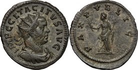 Tacitus (275-276). BI Antoninianus, Lugdunum mint. D/ IMP C CL TACITVS AVG. Radiate, draped and cuirassed bust right. R/ PAX PVBLICA. Pax standing fac...