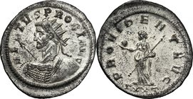 Probus (276-282). BI Antoninianus, Ticinum mint. D/ VIRTVS PROBI AVG. Radiate, helmeted and cuirassed bust left, holding spear and shield. R/ PROVIDEN...
