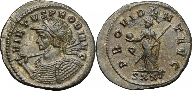 Probus (276-282). BI Antoninianus, Ticinum mint. D/ VIRTVS PROBI AVG. Radiate, h...