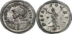 Probus (276-282). BI Antoninianus, Ticinum mint. D/ VIRTVS PROBI INVICTI AVG. Radiate, helmeted and cuirassed bust left, holding spear and shield. R/ ...