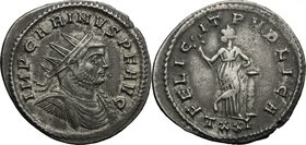 Carinus (283-285). BI Antoninianus, Ticinum mint, 283 AD. D/ IMP CARINVS PF AVG. Radiate, draped and cuirassed bust right. R/ FELICIT PVBLICA. Felicit...