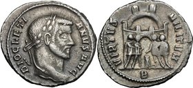 Diocletian (284-305). AR Argenteus, 295-297, Rome mint. D/ DIOCLETIANVS AVG. Laureate head right. R/ VIRTVS MILITVM. Four tetrarchs sacrificing over t...
