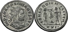 Maximian (286-310). BI Antoninianus, c. 293 AD, Cyzicus mint. D/ IMP C MAXIMIANVS AVG. Radiate, draped and cuirassed bust right. R/ CONCORDIA MILITVM....