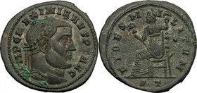 Maximian (286-310). AE Follis, Ticinum mint, 305 AD. D/ IMP C MAXIMIANVS PF AVG. Laureate head right. R/ FIDES MILITVM. Fides seated left, holding sta...