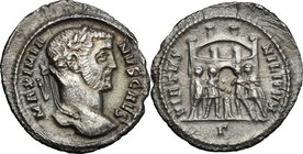 Galerius (305-311). AR Argenteus, 295-297, Rome mint. D/ MAXIMIANVS CAES. Laureate head right. R/ VIRTVS MILITVM. Four tetrarchs sacrificing over trip...