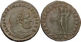 Galerius (305-311). AE Follis, 297-298, Heraclea mint. D/ GAL VAL MAXIMIANVS NOB CAES. Laureate head right. R/ GENIO POPVLI ROMANI. Genio standing lef...