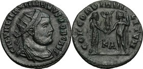 Galerius (305-311). BI Antoninianus, 295-299, Cyzicus mint. D/ GAL VAL MAXIMIANVS NOB CAES. Radiate, draped and cuirassed bust right. R/ CONCORDIA MIL...