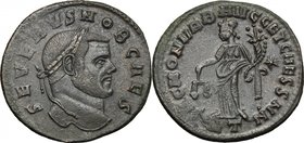 Severus II as Caesar (305-306). AE Follis, 305-306, Rome mint. D/ SEVERVS NOB CAES. Laureate head right. R/ SAC MON VRB AVGG ET CAESS NN. Moneta stand...