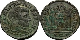 Maxentius (306-312). AE Follis, Aquileia mint, 308-309 AD. D/ IMP C MAXENTIVS PF AVG. Laureate head right. R/ CONSERV VRB SVAE. Hexastyle temple with ...