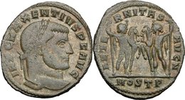 Maxentius (306-312). AE Follis, 309-312. Ostia mint. D/ IMP C MAXENTIVS PF AVG. Laureate head right. R/ AETERNITAS AVG N. Castor and Pollux, eachwith ...