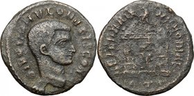 Divus Romulus (died 309 AD.). AE Half Follis, 309-312, Rome mint. D/ DIVO ROMVLO N V BIS CONS. Bare head right. R/ AETERNAE MEMORIAE. Domed shrine wit...